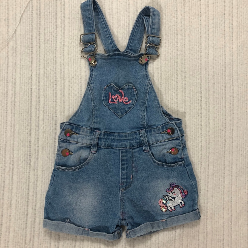 Pink Baby Denim Overalls 24M Unicorn Love Heart‎ Applique Adjustable Straps